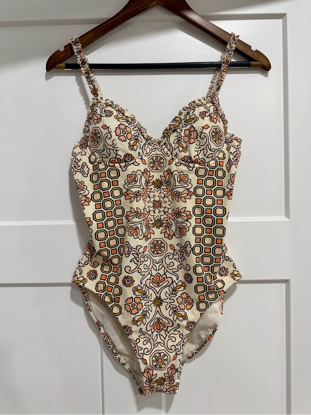Tory Burch Cream One-Piece Swimsuit with Orange and Brown Floral Tile Print